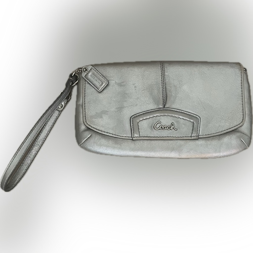 COACH Silver Metallic Leather Clutch Wristlet